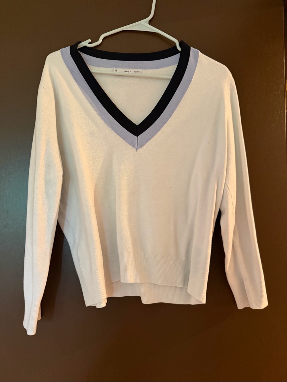 Mango Cream V-Neck Sweater with Navy and Lavender Trim